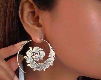 Bohemian Silver Spiral Hoop Earrings, Ethnic Style Earrings, Tribal jewelry