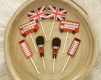 Garnitures de cupcakes sur le thème de Londres - Décor de fête / Couronnement du roi / Angleterre / Grande-Bretagne - Set de 8