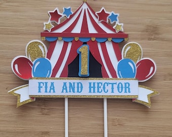 Circus themed personalised birthday cake topper