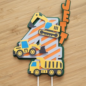 Construction trucks tipper boys girls themed personalised birthday cake topper
