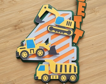 Construction trucks tipper boys girls themed personalised birthday cake topper