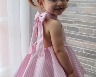 Robe dos nu en coton à rayures roses et blanches pour fille - disponible dans les tailles 1 à 5 ans