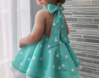 Robe dos nu en coton vichy menthe et blanc pour fille - disponible du 1 à 5 ans