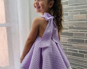 Robe dos nu en coton vichy violette et blanche pour fille - disponible dans les tailles 1 à 5 ans