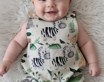 Combi-short en mousseline de bambou pour bébé - Imprimé animaux sauvages, séance photo smash de gâteau, fait main