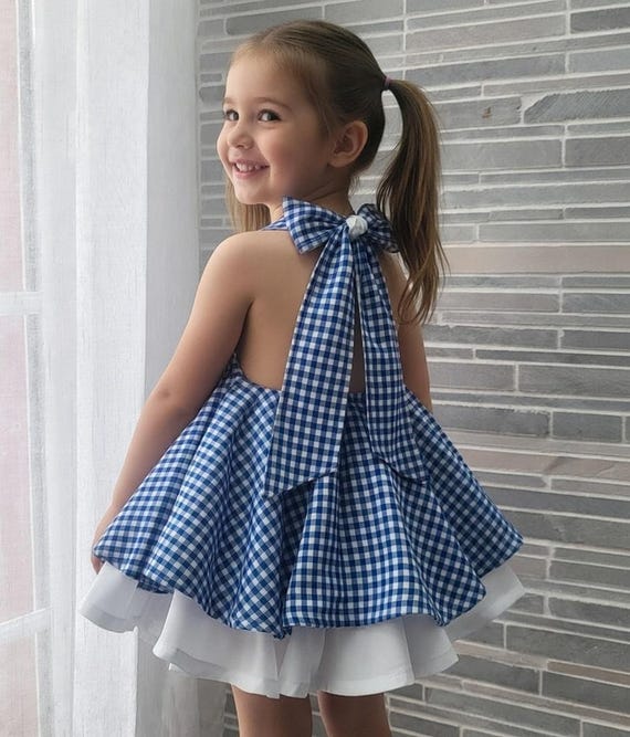 blue gingham halter dress Girls neck and White cotton - available in sizes 1Y Dios
