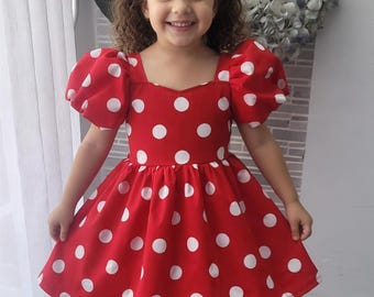 Robe d'été pour fille inspirée de Minnie avec manches bouffantes - Disponible dans les tailles 1 à 10 ans - Robe pour occasion spéciale/robe de soirée