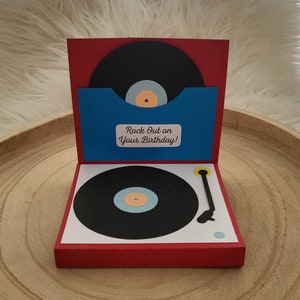 Vinyl music records record player themed birthday pop up card