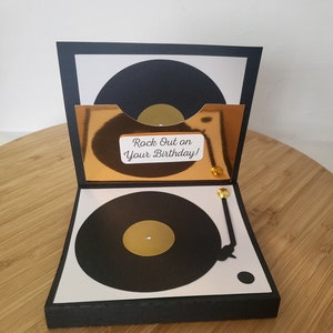 Carte d'anniversaire pop-up sur le thème de la platine vinyle - Noir/Or