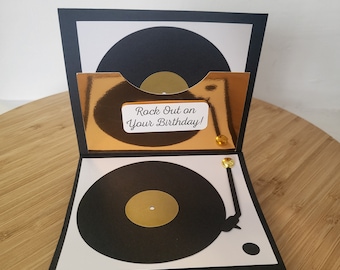 Carte d'anniversaire pop-up sur le thème de la platine vinyle - Noir/Or