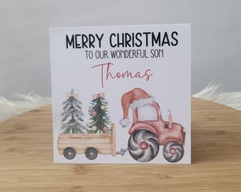 Personalised boys girls Santa tractor Christmas card