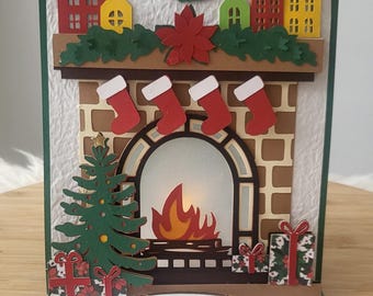 3D layered Christmas fireplace stockings greetings card