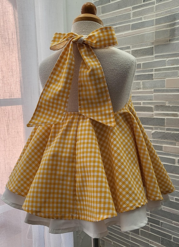 yellow gingham halter dress Girls neck and White cotton - available in sizes 1Y inv-99