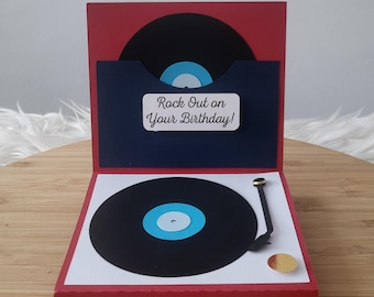Tarjeta emergente de agradecimiento de cumpleaños y Navidad con temática de tocadiscos de vinilo