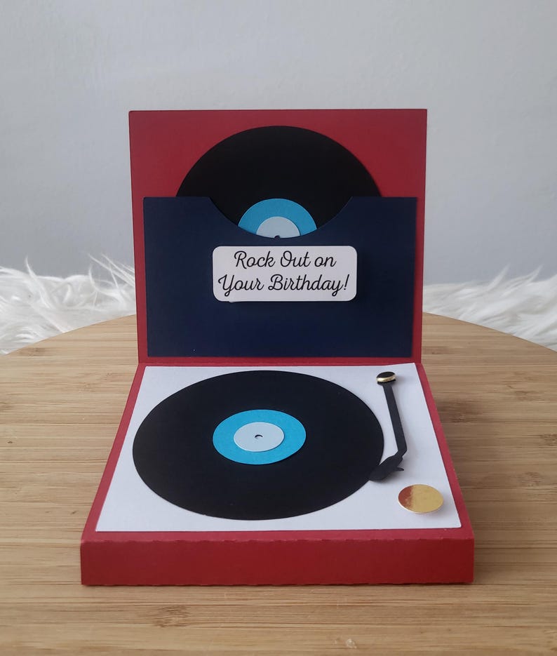 Vinyl music records record player themed birthday Christmas Thank You pop up card image 1