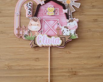Décoration de gâteau d'anniversaire personnalisée animaux de la ferme bébé rose enfants filles garçons