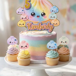 May include: A cake topper featuring a large rainbow-colored dumpling with a number 5 and the name Kimberly, surrounded by smaller dumpling icons. Below, four cupcakes with pastel frosting are topped with individual small dumpling decorations.