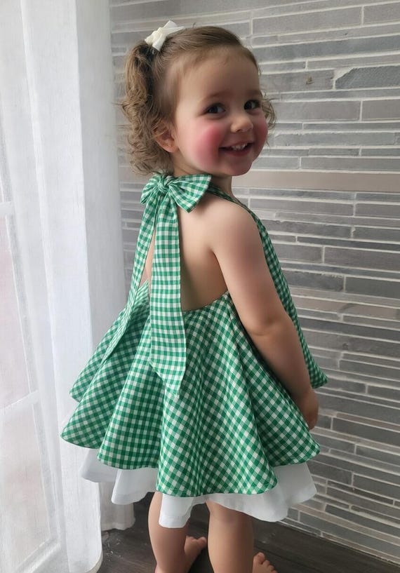 green gingham toddler dress Girls Halter Neck Green and White Gingham Cotton Dress - Available in Sizes  1Y - 6Y