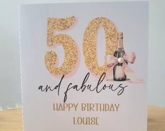 Personalised Fifty and Fabulous champagne glitter image birthday card