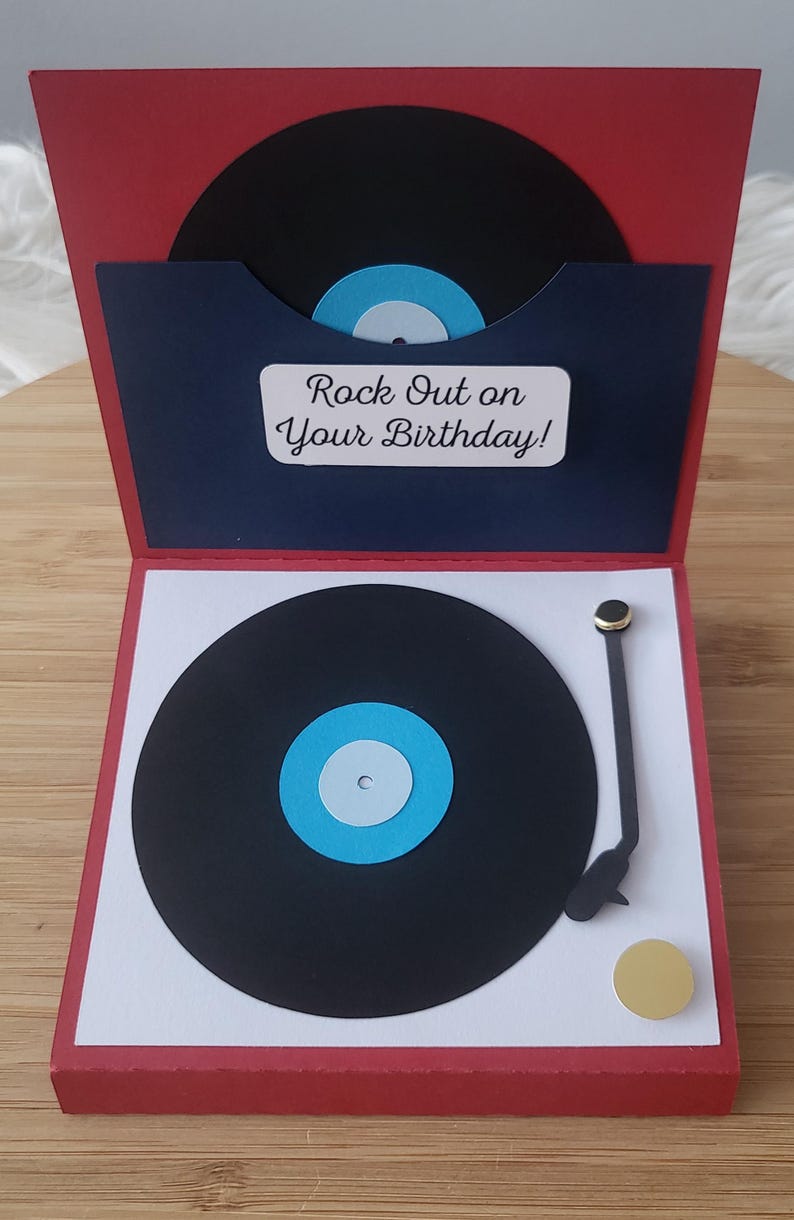 Vinyl music records record player themed birthday Christmas Thank You pop up card image 3