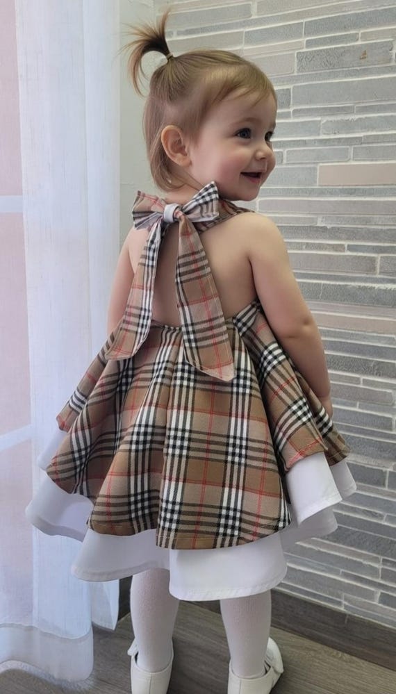 beige tartan dress Girls halter neck cream check cotton - available in sizes 1Y Rounded mini hem