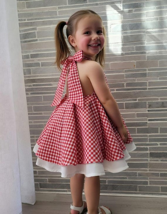 gingham halter neck dress Girls red and White cotton - available in sizes 1Y Moss