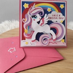 Unicorn 3D layered birthday card with pop up princess castle
