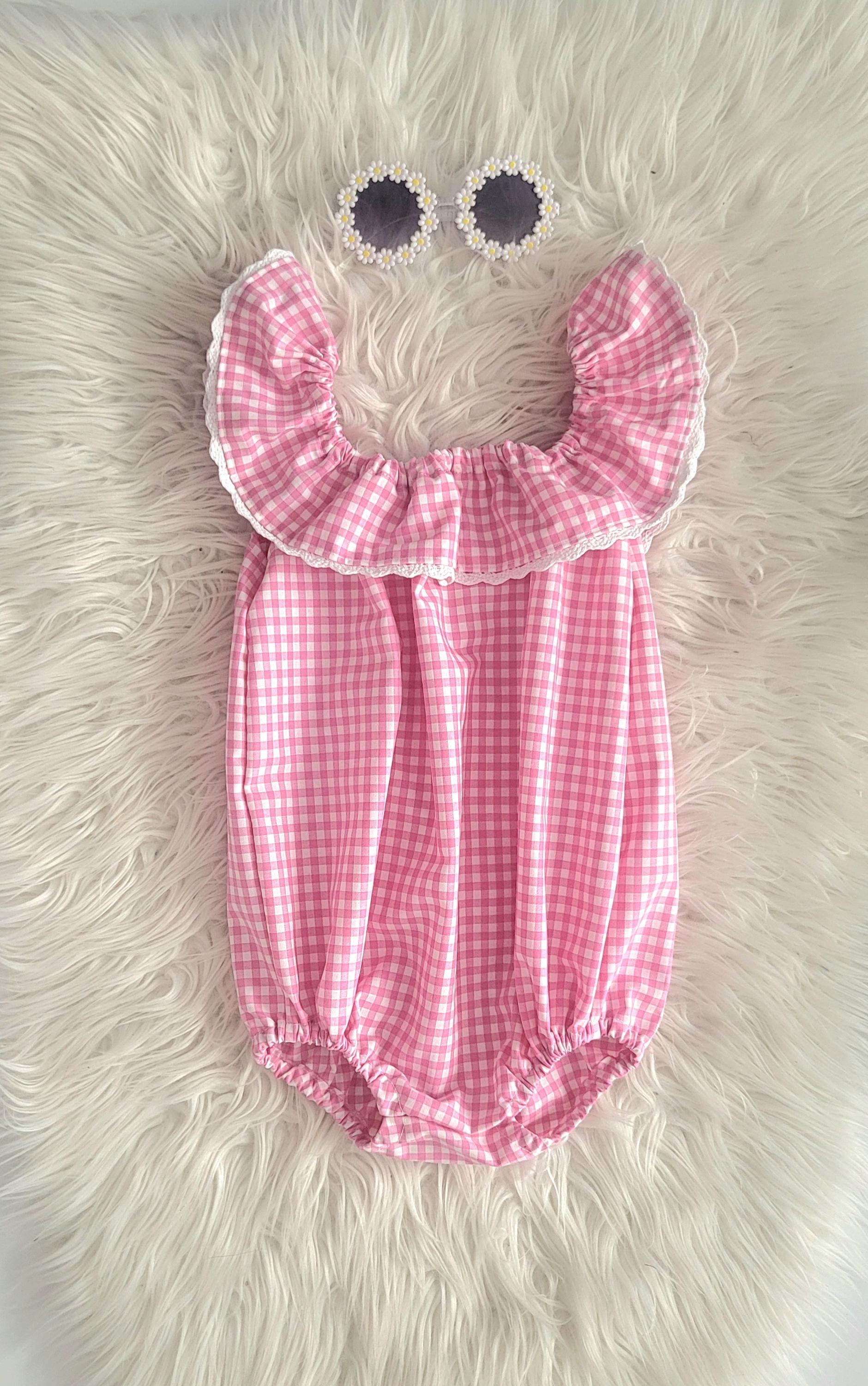 Baby toddler girls pink and white gingham summer cotton bubble romper - Available in sizes 0-3 months - 4Y