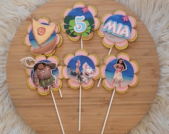 Décorations de cupcakes d'anniversaire personnalisées sur le thème des garçons et des filles de dessin animé inspiré de Moana - lot de 6