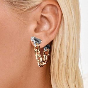 Pendientes colgantes de barra de oro y plata con cadena de eslabones de barra de adelante hacia atrás