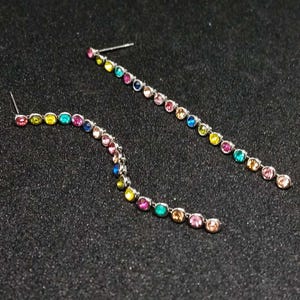 Rainbow Rhinestone Linear Drop Earrings, Long Colorful Spectrum Dangle Earrings, Multi-Colored Crystal Statement Jewelry