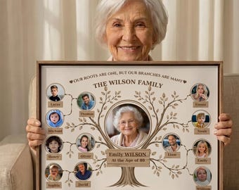 May include: A framed family tree print featuring the Wilson family. The print includes a central portrait of Emily Wilson, with family members' photos branching out. Text reads "Our roots are one, but our branches are many."