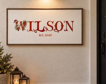 Personalized Last Name Sign, Christmas Day  Vintage Landscape Framed Canvas, Wedding Gift for Couple