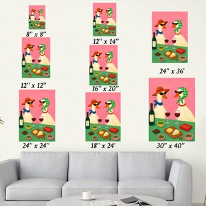 May include: Whimsical artwork featuring two geese wearing sunglasses and scarves, enjoying wine and snacks. The geese are depicted with a bottle of wine, glasses, cheese, and the word "SASSY" on a pink background. Available in various sizes.