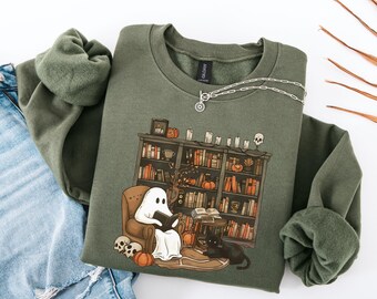 Retro Ghost Reading Books Sweatshirt, Librarian Ghost Halloween, Halloween Teacher Sweatshirt, Halloween Shirt, Teacher Gift, Boo School