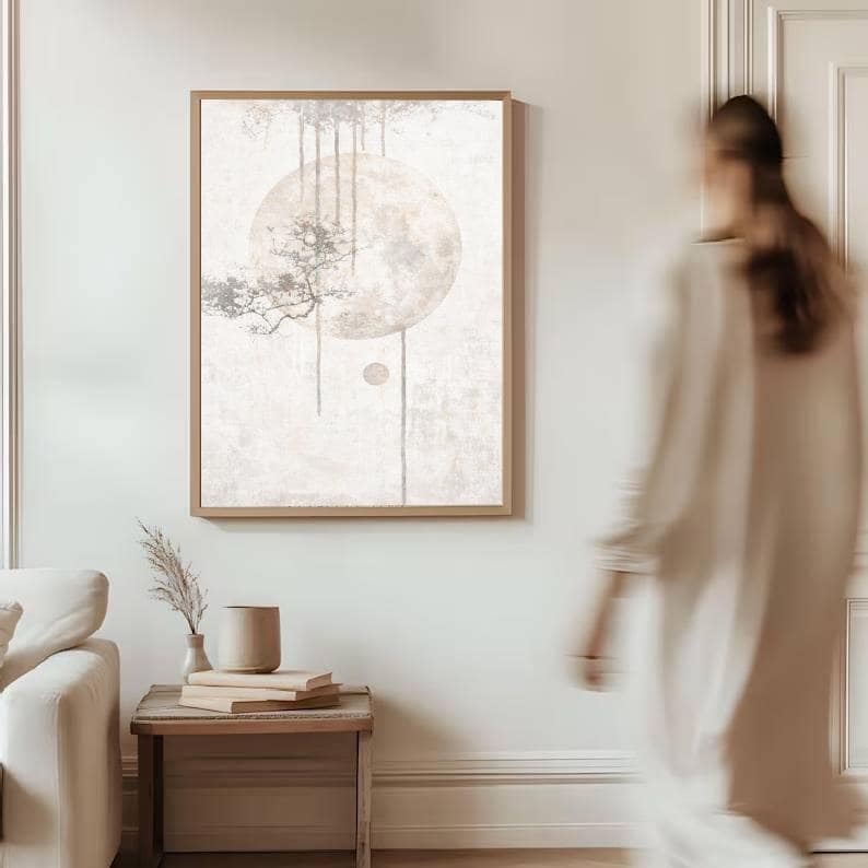 Neutral Japandi Wall Art Print, Minimalist Beige Abstract Moon ...