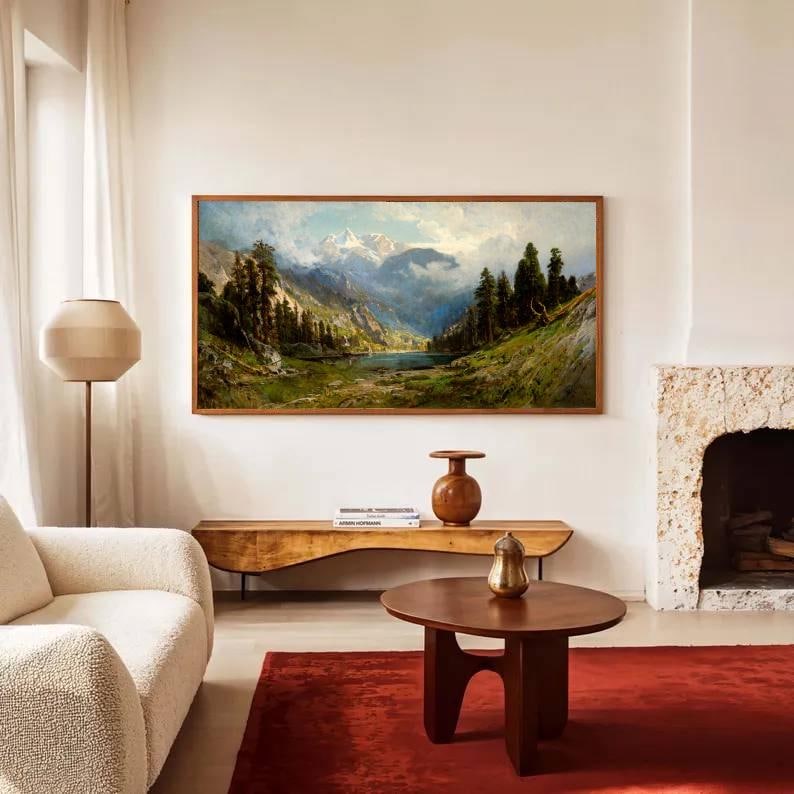 Panoramic Mountain Landscape Oil Painting, Vintage Nature Wall Art ...