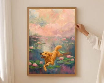 Golden Retriever Canvas Print: Pastel Water Lilies, Dog Lover Decor