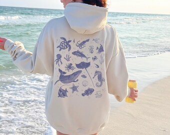 Ocean Life Sweatshirt: Sea Animal Back Print, Oversized Beach Hoodie