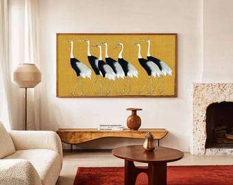 Minimalist Crane Wall Art - Large Framed Heron Canvas Print, Elegant White Birds on Deep Orange, Modern Nature Decor for Living Room