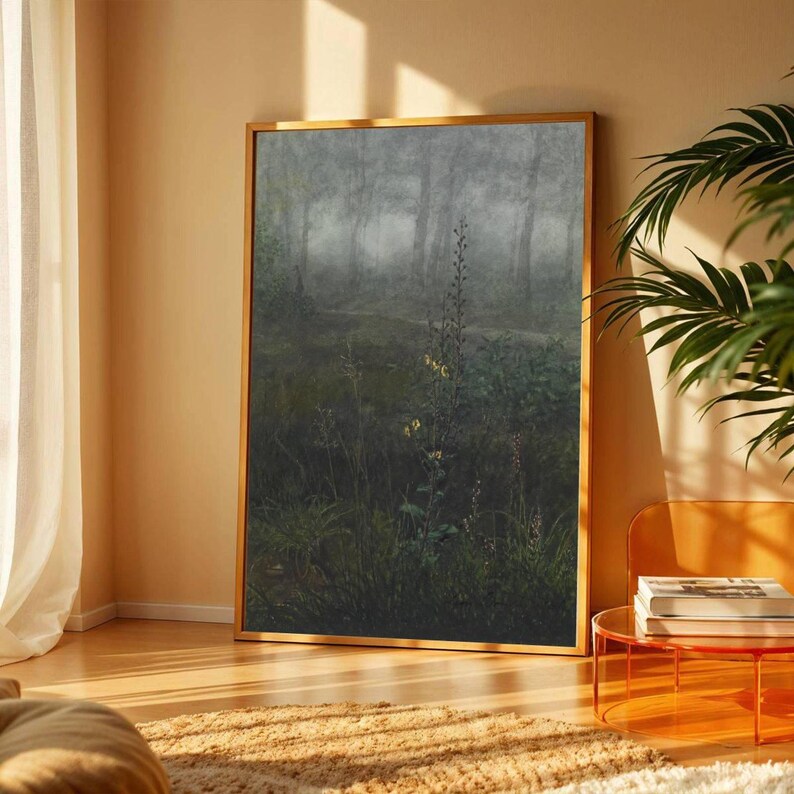 Misty Forest Landscape Painting, Dark Nature Wall Art, Moody Woodland ...