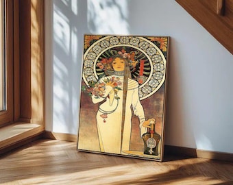 Art Nouveau Woman Wall Art Print, Alphonse Mucha Style Poster, Vintage Floral Lady Illustration, Boho Home Decor, Elegant Retro Canvas