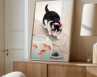 Japanese Cat Art, Kawaii Kitten Goldfish Bowl, Ukiyo-e Style Vintage Canvas, Black and White Tuxedo Cat Wall Decor, High Quality Canvas