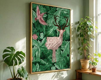 Deer and Bird Botanical Wall Art, Vintage Forest Illustration Canvas, William Morris Style Art, Woodland Nursery Decor, Green Foliage Poster