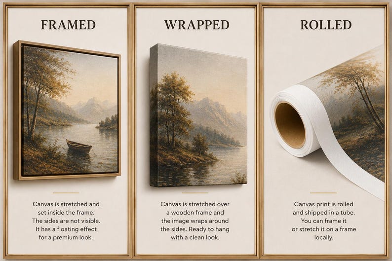 Pode incluir: Um display de tr&ecirc;s pain&eacute;is mostrando op&ccedil;&otilde;es de tela: Emoldurado, com uma pintura de paisagem em uma moldura flutuante; Envolto, com a imagem estendendo-se pelas laterais; e Enrolado, mostrando uma impress&atilde;o em tela enrolada em um tubo.