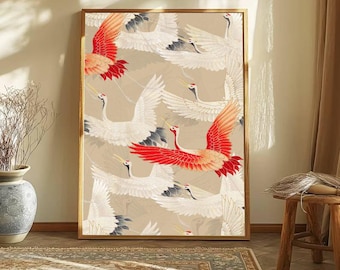 Japanese Crane Wall Art, Red & White Crane Art, Oriental Bird Illustration, Minimalist Asian Decor, Elegant Crane Poster, Neutral Wall Art