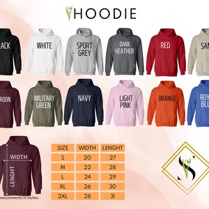 the hoodie sizes are shown in multiple colors