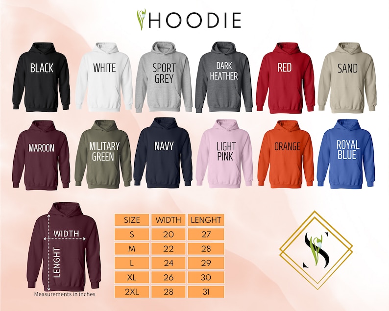the hoodie sizes are shown in multiple colors