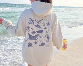Ocean Life Sweatshirt or Hoodie: Sea Animal Back Print, Beach Oversize Fit