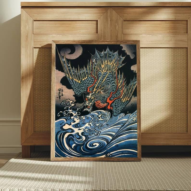 Japanese Dragon Wall Art, Ukiyo-e Style Ocean Waves Print, Samurai ...